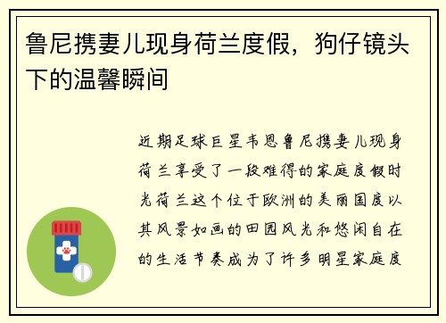 鲁尼携妻儿现身荷兰度假，狗仔镜头下的温馨瞬间